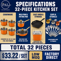 Lot de 32 ustensiles de cuisine en acier inoxydable, 6 couleurs, avec tasses à mesurer et seau de rangement