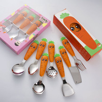 Set peralatan makan anak-anak baja tahan karat Set pisau garpu dan sendok pegangan PP desain lobak kartun