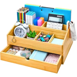 Organizer Meja Kayu Bambu Multifungsi, dengan Laci Desktop Pengatur File dengan Pena Pemegang Meja Kayu