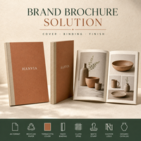 Catalogue de produits artisanaux en papier recyclé écologique personnalisé, format A4, reliure suisse, logo estampé, tons terreux, lookbook artisanal, brochure