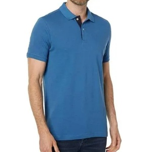 Chemise pour homme bleue, coupe classique, unie, avec deux boutons, patte de boutonnage contrastée, tricotée, 100% coton - Product Image 4