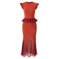 Ensemble élégant et stylé en patchwork avec garniture en tulle plissé, comprenant un haut pull sans manches à col rond et une jupe longue sirène, pour femme, en maille fine et respirante