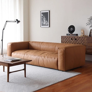 Divano Componibile Moderno Minimalista in Vera Pelle di Vacchetta Primo Strato Color Crema, Set Angolare in Spugna a Blocco Tofu per Uso Domestico - Product Image 1