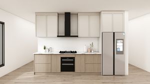 Armoire de cuisine contemporaine en bois, conception gratuite en 72 heures, armoire de cuisine en contreplaqué, îlot de cuisine, armoire de rangement pour cuisine d'appartement - Product Image 2