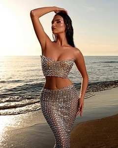 LM A628 Vestido Midi con Estampado de Leopardo, Elegante, Ajustado, con Borlas de Cristal y Pedrería, para Fiesta, Club Nocturno, con Mangas Abiertas, Fabricante de Ropa - Product Image 2