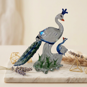 Ensemble de figurines de paon en verre soufflé à la main avec base en herbe verte, sculpture décorative sur le thème des animaux, artisanat fait main - Product Image 3