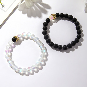Frosted Moonstone <b>Beaded</b> <b>Bracelet</b> With Crown Charm Elastic Rope Jewelry Unisex Couple Style Anniversary Gift - Product Image 2