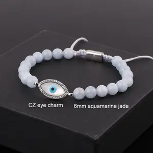 New Design CZ Shell Evil Eye Charm Aquamarine Jade Beaded Bracelet Adjustable JBS12583
