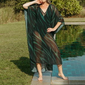 Robe longue élégante en mousseline fluide de haute qualité, col en V semi-transparent, imprimé plage 2026, confortable - Product Image 2