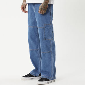 New Custom Loose Fit Wide Leg Workwear Pants Cargo Style Side Patch Pocket <strong>Trouser</strong> <strong>Mens</strong> Baggy Denim Jeans - Product Image 1