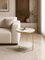 Table d'appoint moderne en pierre frittée, directement de l'usine, avec cadre asymétrique en U fin couleur or champagne et étagère inférieure, mobilier de salon