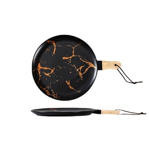 Assiette de vaisselle en céramique Salade de fruits marbrés Assiettes d'exposition Snacks Gâteau Pizza Plateau de service Manche en <span class=keywords><strong>bois</strong></span> Fête <span class=keywords><strong>Restaurant</strong></span> Vaisselle - Product Image 6