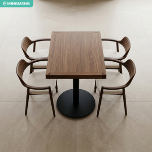 Meubles de salle à manger pour café commercial, table carrée en bois avec base en piédestal noir, chaises élégantes avec accoudoirs en tissu rembourré - Product Image 1