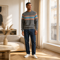 Pull en maille à col rond et manches raglan pour homme, gris, motif Fair Isle, avec logo personnalisé, mélange acrylique, style décontracté urbain, automne-hiver