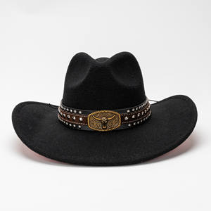 Chapeau de <span class=keywords><strong>cowboy</strong></span> western vintage avec bandeau en cuir à rivets tête de taureau, chapeau rétro en feutre à large bord pour la <span class=keywords><strong>musique</strong></span> <span class=keywords><strong>country</strong></span> et les fêtes - Product Image 2