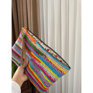 Handmade Crochet Colorful Striped Pouch <b>Bag</b> <b>Boho</b> Knit Clutch Purse for Women Summer Makeup Wristlet NF - Product Image 1