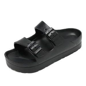 Moda düz renk toka tasarım yumuşak yaz burnu açık slaytlar sandalet kalın alt platformu EVA terlik