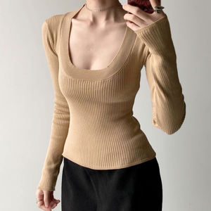 Suéter de Punto Básico con Cuello Redondo para Mujer, Color Sólido, Corte Ajustado, Elegante y Sexy, para Primavera y Otoño - Product Image 2