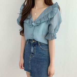 2021 kasual modis musim panas Puff lengan kemeja untuk wanita desain Atasan pakaian grafis berlipat wanita blus - Product Image 5