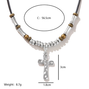 Hammered Cross Leather Cord Necklace Tibetan <b>Silver</b> <b>Beaded</b> Clavicle Chain Women's Jewelry Gift 56.5cm 8.7g - Product Image 1