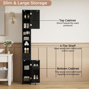 Armoire de rangement de salle de bain haute et étroite, organisateurs de rangement étroits en bois avec étagère réglable pour petit espace, noir - Product Image 3