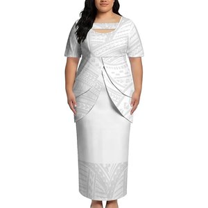Ensemble deux pièces Puletasi blanc tribal polynésien de luxe grande taille, haut et <span class=keywords><strong>jupe</strong></span>, col rond, style Hawaï, ajusté - Product Image 5