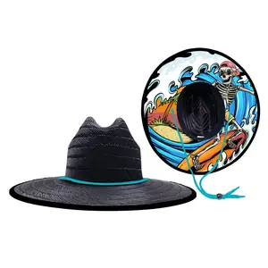 SY Topi Jerami Pelindung Pantai Bertepi Lebar, Topi Musim Panas Hitam Selancar Pantai Populer Bertepi Lebar Motif Jerami