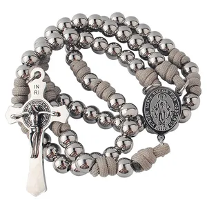 Quality Rosary Stainless Steel 8mm Beads Paracord Silver Rosary With Stainless Steel Virgin Mary Center And St.Benedict Crucifix For Men