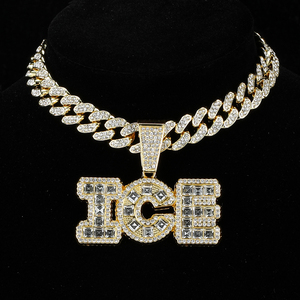 Hip Hop Icy Bling Collier Bijoux Hommes Iced Out Plaqué Or Strass Diamant ICE Lettres Pendentif Avec Chaîne À Maillons De Tennis - Product Image 3