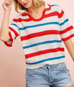 Camiseta de punto de manga corta a <span class=keywords><strong>rayas</strong></span> del 4 de julio para <span class=keywords><strong>mujer</strong></span>, roja, blanca <span class=keywords><strong>y</strong></span> <span class=keywords><strong>azul</strong></span>, patriótica, con cuello en V, estilo <span class=keywords><strong>polo</strong></span>, holgada, informal, para verano - Product Image 6