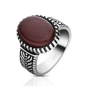 925 Sterling precious ring in silver for men with Stylish Red Natural Agate Stone Band Ring for male