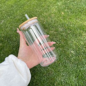 clear Transparent <b>Plastic</b> 16oz 20oz Acrylic Glass Can <b>Cup</b> with Bamboo Lid and Straw for Iced Coffee Soda Pop - Product Image 4