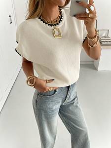 Suéter de <span class=keywords><strong>Punto</strong></span> de Cuello Redondo y Manga Corta para <span class=keywords><strong>Mujer</strong></span>, Diseño Simple, Versátil para Uso Diario (personalizable) - Product Image 1