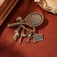 Broche Rétro Raquette de Tennis, Or Vieilli, Épingle Sportive, Breloques Pendentives Balle de Tennis, Trophée, Chaussure, Filet, Bijoux