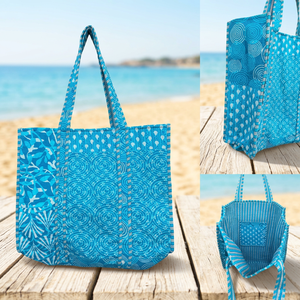 Abstract Blue <b>Quilted</b> <b>Tote</b> <b>Bag</b> Modern Geometric Indian Print Handbag - Product Image 2