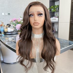 Pelucas sintéticas largas y onduladas color chocolate marrón con encaje frontal 13X4, encaje transparente resistente al calor - Product Image 4