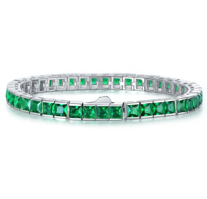 Custom Women Men Rainbow Green CZ Baguette Tennis Bracelet 925 Sterling Silver Lab Diamond Tennis Bracelet