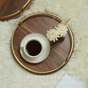 Acacia Wood Round Storage <b>Tray</b> With Brass Handle Solid Color Nordic Style For Hotel Coffee <b>Tea</b> Desktop Use - Product Image 4
