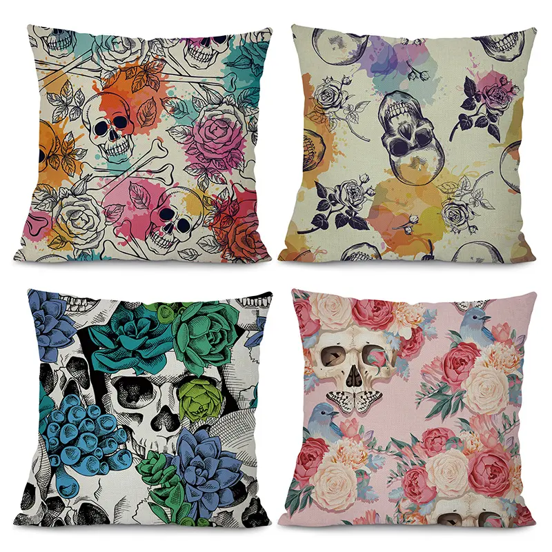 Boho Unique and Stylish Cushion Cover Floral Black Skull Pillow Case Decor Colorful Men Women Home Decorative Sofa Bedroom