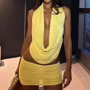Nouvel ensemble 2 pièces sexy pour femme, couleur unie, col suspendu, décolleté plongeant, jupe courte enveloppante, tendance - Product Image 4