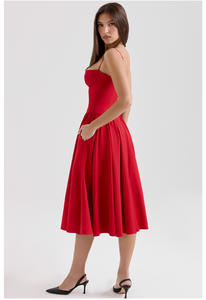 Vestido Midi Rojo Vintage con Cintura Ajustada y Antiestático de Primavera, Vestido Midi Rojo Vintage y Encantador con Cinturón <span class=keywords><strong>Samaria</strong></span> - Product Image 3