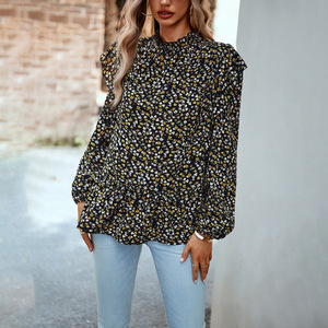 Loveda Offre Spéciale décontracté imprimé hauts col montant chemise à ourlet floral femmes élégantes en mousseline de soie <span class=keywords><strong>Blouses</strong></span> pour l'été - Product Image 6