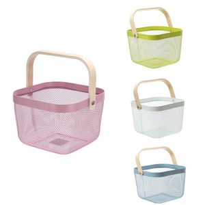2023 Durable Square Metal <strong>Wire</strong> <strong>Basket</strong> Organizer With Wooden Handle - Product Image 1