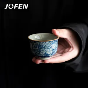 JOFEN 2024 신상품 Ru 도자기 중국 파란색과 흰색 전체 꽃 차 테이블에 대한 쿵푸 차 컵