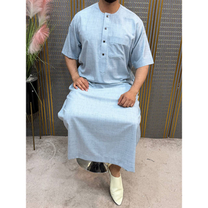Modern Arabic Style Moroccan Cotton <b>Thobe</b> Prayer Robe Short Sleeve Round Neck Button Chest Pocket - Product Image 4