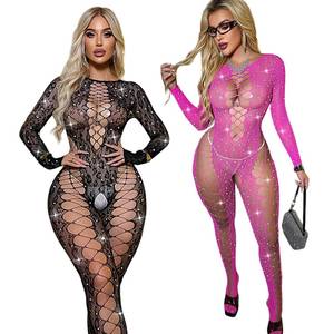 Lingerie Bodystocking Léopard à Strass Scintillants pour Femme, Tenue de Danse Sexy en Cristal, Collant Intégral, Body Sexy à Entrejambe Ouvert - Product Image 1