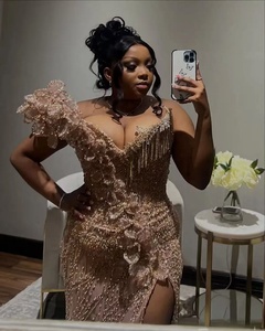 Vestidos de Noche Aso Ebi con <span class=keywords><strong>Lentejuelas</strong></span> Color Rosa, Flores 3D, Un Hombro Descubierto, <span class=keywords><strong>Vestido</strong></span> Africano para Bodas y Fiestas, Personalizado - Product Image 3