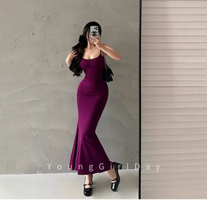 Spaghetti Strap Dress Women Summer Sexy Mid Length Tight Fitting Figure Hugging Fishtail Skirt Solid Color Bodycon Evening Dress - Product Image 5