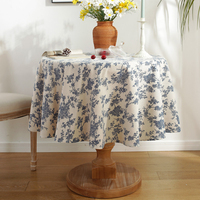 Nouvelle nappe ronde en coton et lin imprimée de fleurs bleues vintage, style rustique campagnard, lavable, pour la salle à manger, la maison, les fêtes