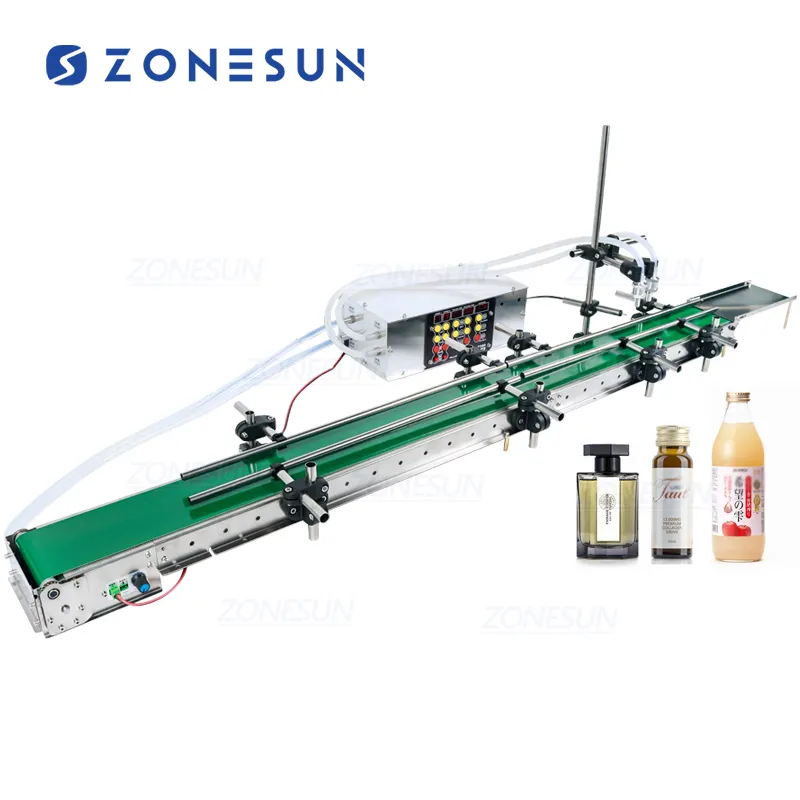 ZONESUN-botella de plástico redonda automática de doble cabeza, máquina de llenado de líquido de zumo de Perfume con correa transportadora